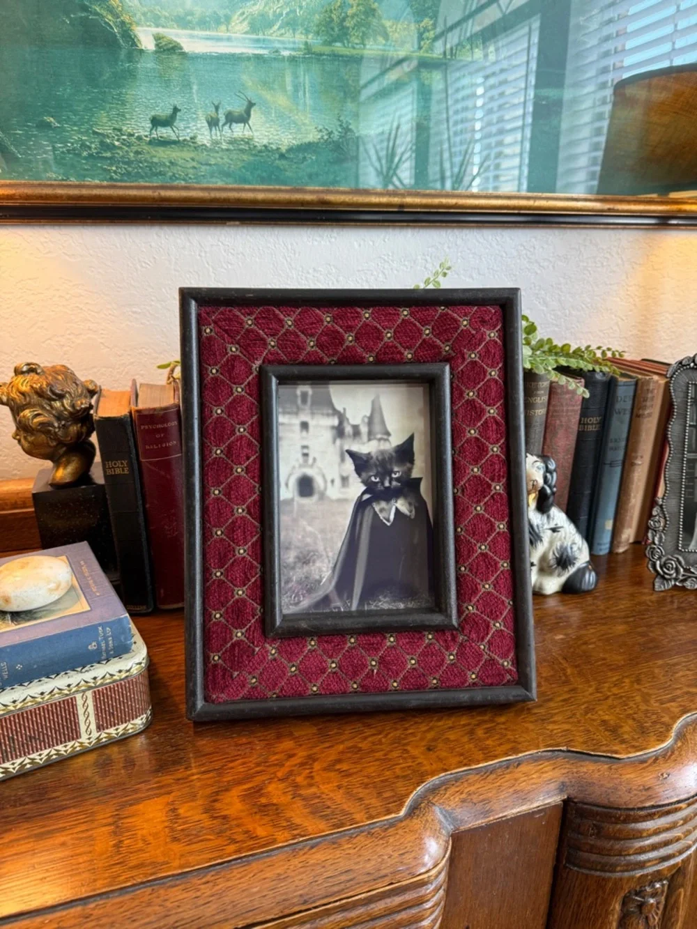 Vintage Gothic Red Quilted Velvet Picture Frame with Black Cat